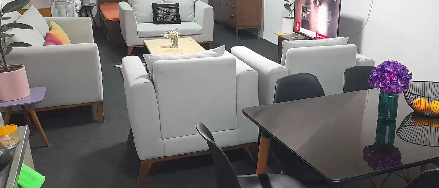 میز غذا خوری و مبلمان سفید رنگ و تلویزیون سالن نشیمن آپارتمان در پل سفید