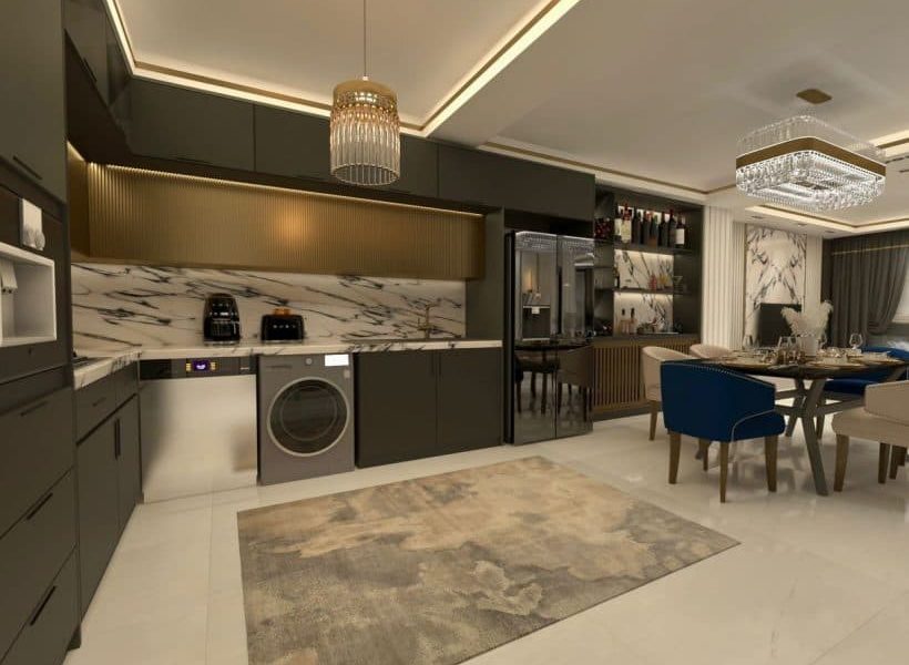 آشپزخانه با میزناهارخوری و کفپوش سرامیک آپارتمان در شیرگاه 5565