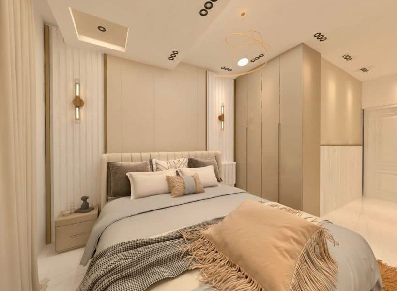 اتاق خواب با کمد دیواری لوکس و گچ بری مدرن و نورپردازی ال ای دی آپارتمان در شیرگاه 956263