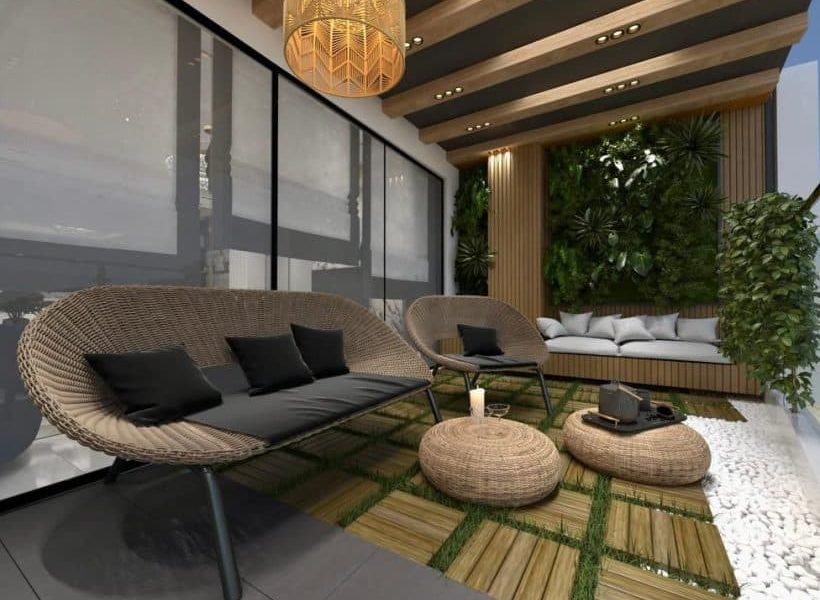 حیاط خلوت کفپوش چوب و چمن با صندلی های مدرن آپارتمان در شیرگاه 562626