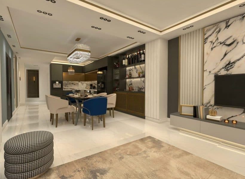 لوستر سقفی و کاغذ دیواری طرح سنگ مرمر و ال سی دی روی دیوار آپارتمان در شیرگاه 59655