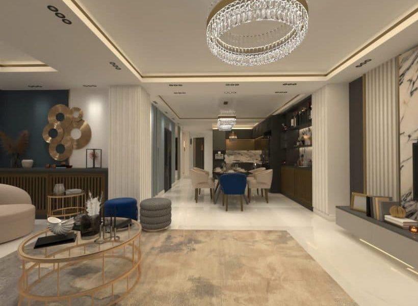 میز وسط فلزی با پاف های مدرن و مبلمان شیک آپارتمان در شیرگاه 565262