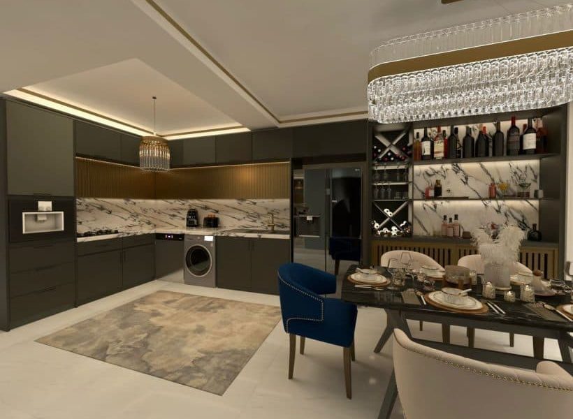 آشپزخانه با کابینت های ام دی اف طوسی مدرن و لوستر شیک آپارتمان در شیرگاه 9565262