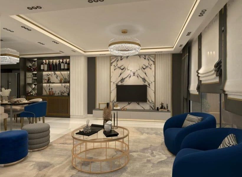 سالن نشیمن با سقف مدرن و لوستر آپارتمان در شیرگاه 96562