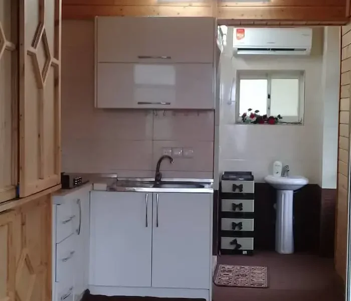 فضای آشپزخانه و کابینت های هایگلاس و چوبی و ورودی سرویس بهداشتی 14687687468